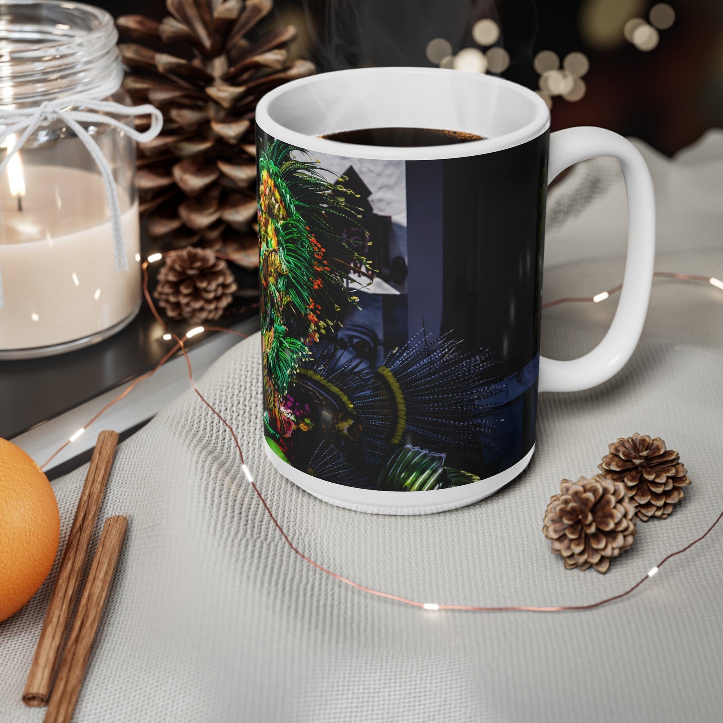 Rio Carnival Headdress Ceramic Coffee Mug — Colorful Festival Costume Photo, 11oz & 15oz