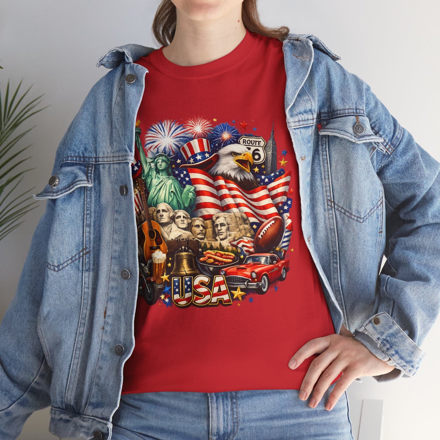 Patriotic USA Graphic Tee – American Flag, Statue of Liberty & Fireworks T-Shirt