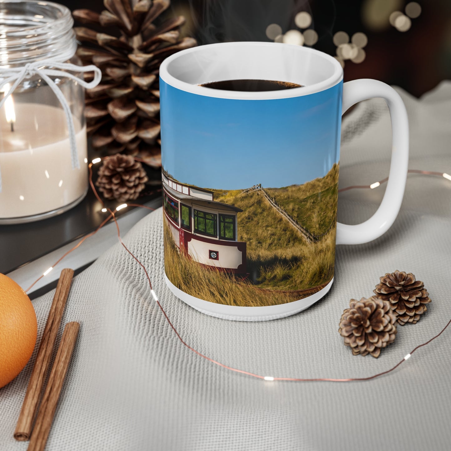Coastal Dunes Camper Photo Mug - Scenic Beach Bus Ceramic Coffee Cup (11oz, 15oz)