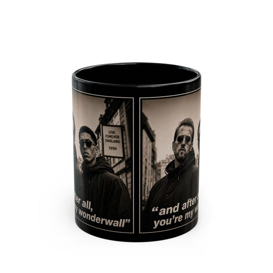 Kane and Bellingham Lyric Photo Black Mug — “and after all, you’re my wonderwall” Band Tribute Coffee Cup