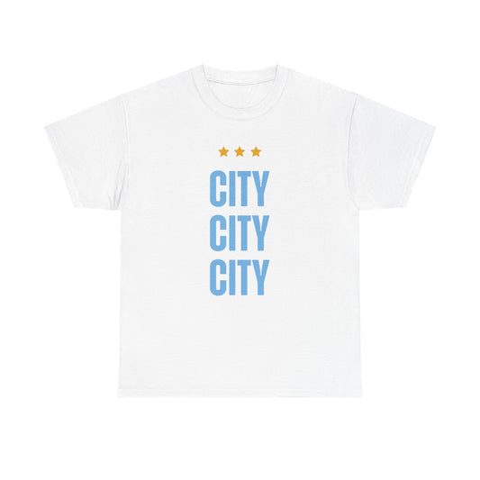 Manchester City City City Tee — Minimal Skyline Graphic T‑Shirt with Three Stars