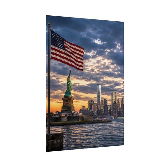 New York City Liberty Skyline Poster — Statue of Liberty & American Flag Wall Art