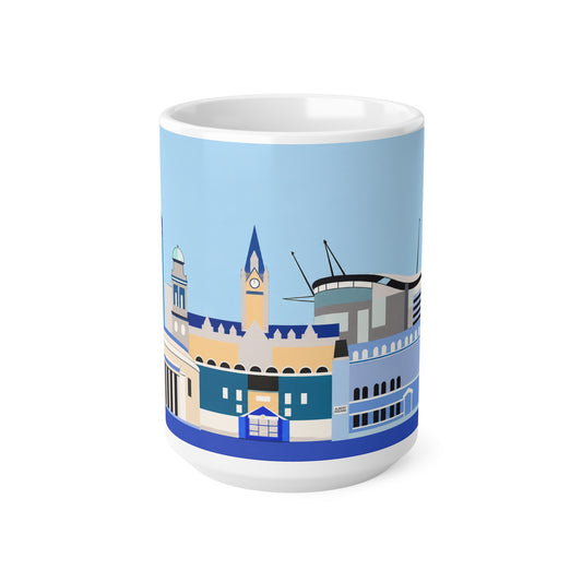 Welcome to Manchester City Skyline Mug — Blue Illustrated Landmark Coffee Cup (11oz & 15oz)
