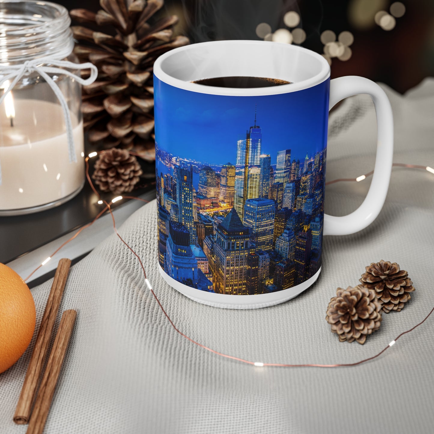 NYC City Skyline Coffee Mug — Nighttime Urban Panorama Ceramic Cup (11oz & 15oz)