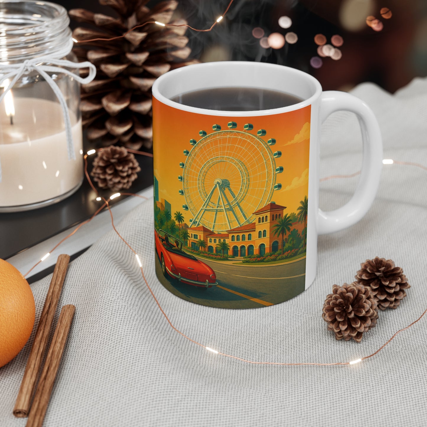 Universal Orlando Vintage AI Sunset Mug — Retro Palm Tree Travel Coffee Cup (11oz, 15oz)