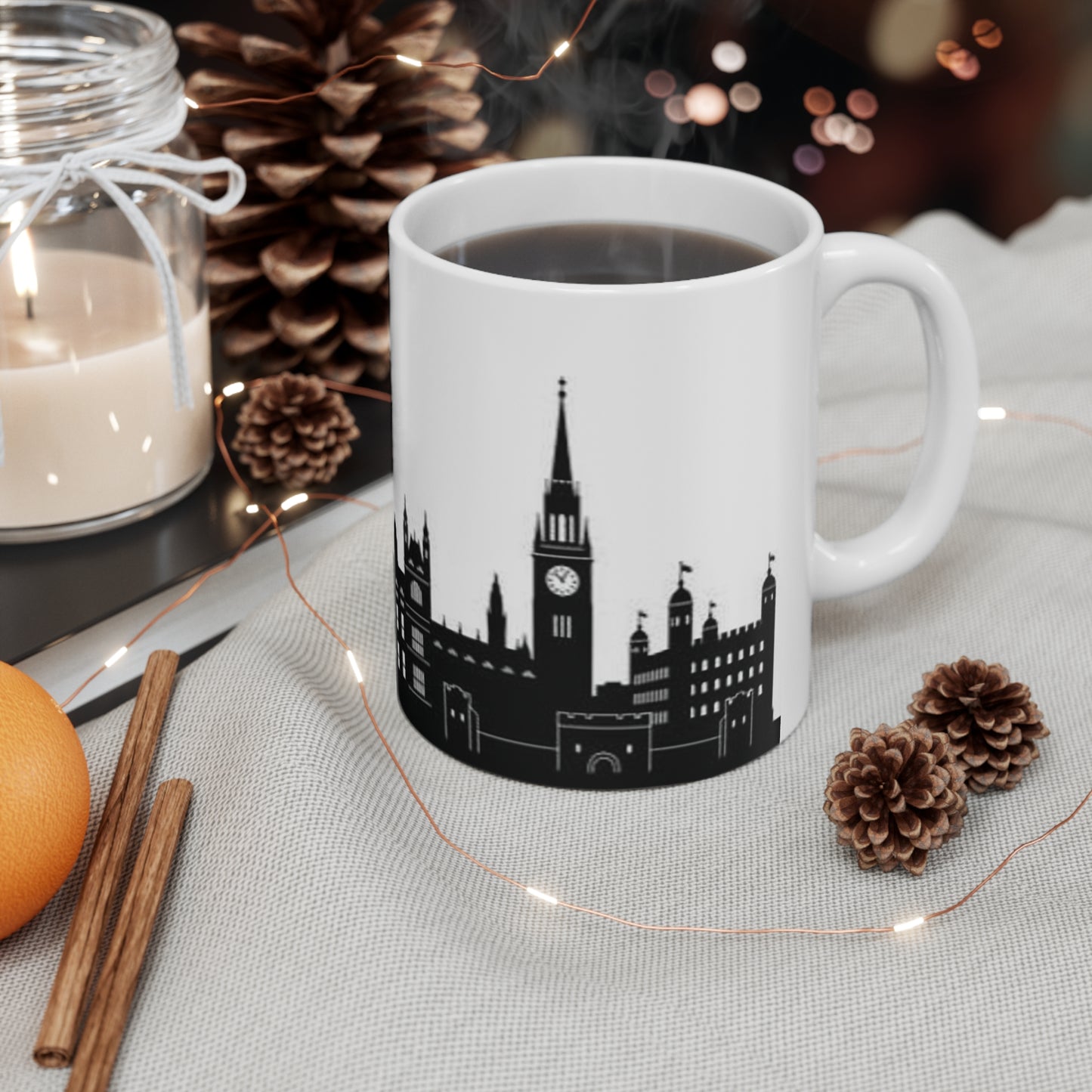 London Skyline Coffee Mug — Black & White Big Ben, London Eye Ceramic Mug (11oz & 15oz)