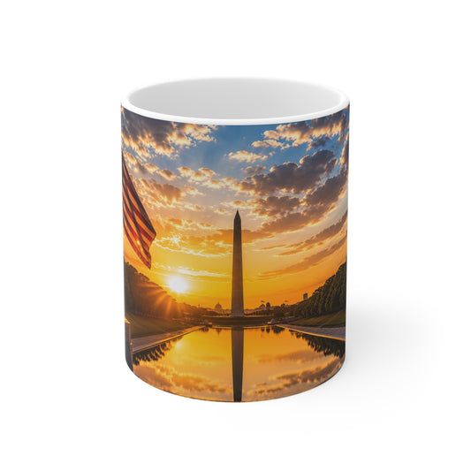 American Flag Washington Monument Sunrise Mug – Patriotic Ceramic Coffee Cup (11oz, 15oz)