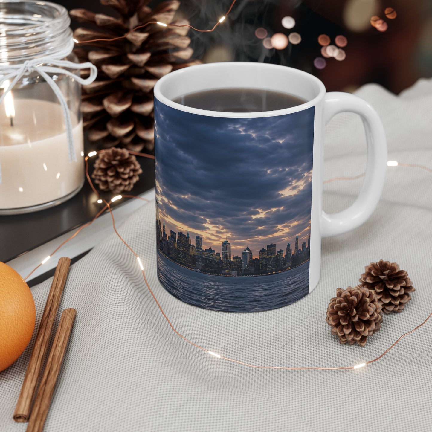 Statue of Liberty Sunset Mug — NYC Skyline Coffee Cup with American Flag (11oz & 15oz)