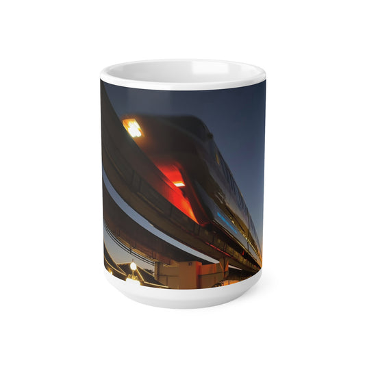 WDW Monorail Nightscape Ceramic Mug — Modern Curved Building Photo (11oz & 15oz)