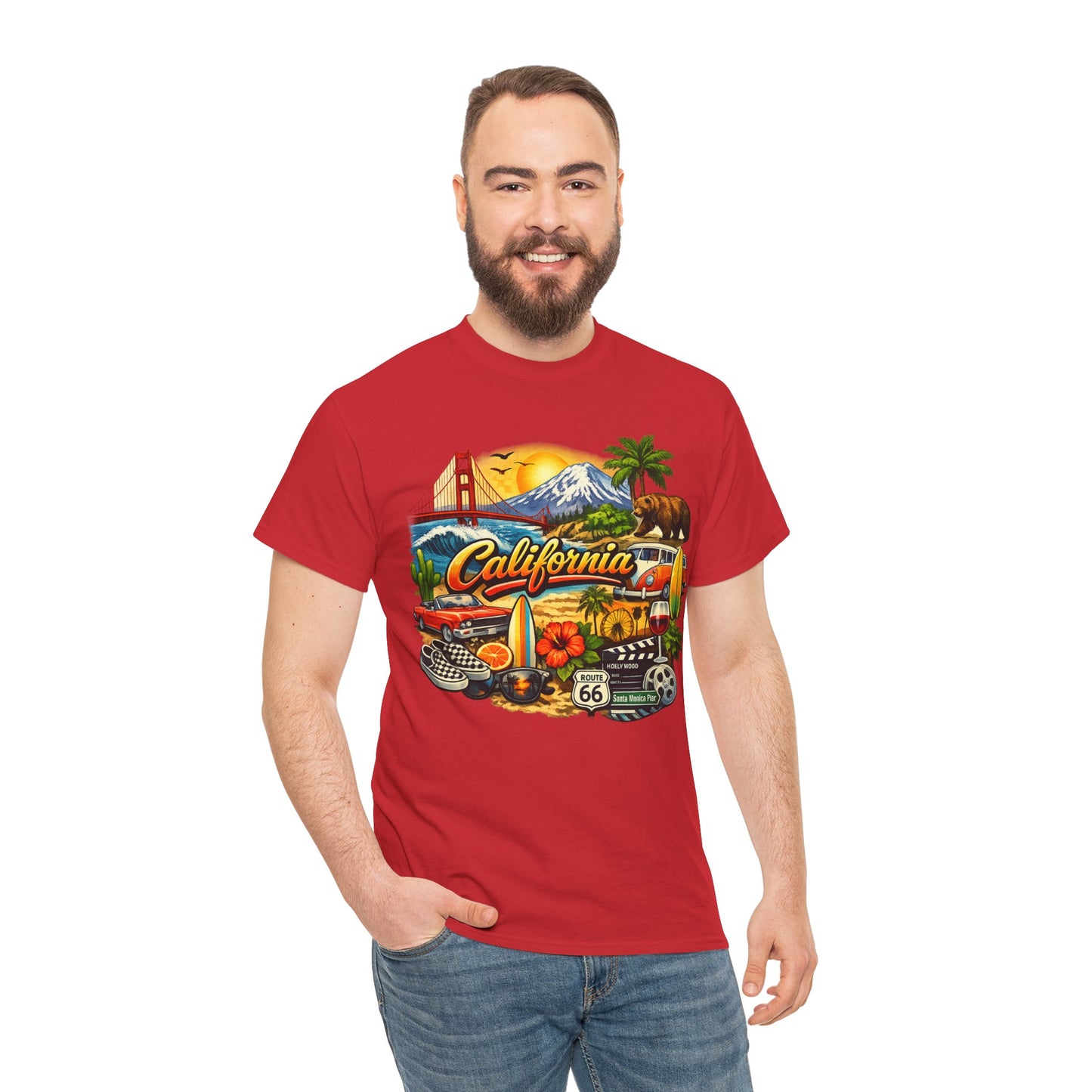 California Vintage Travel T-Shirt — Golden Gate, Palm Trees & Route 66 Tee