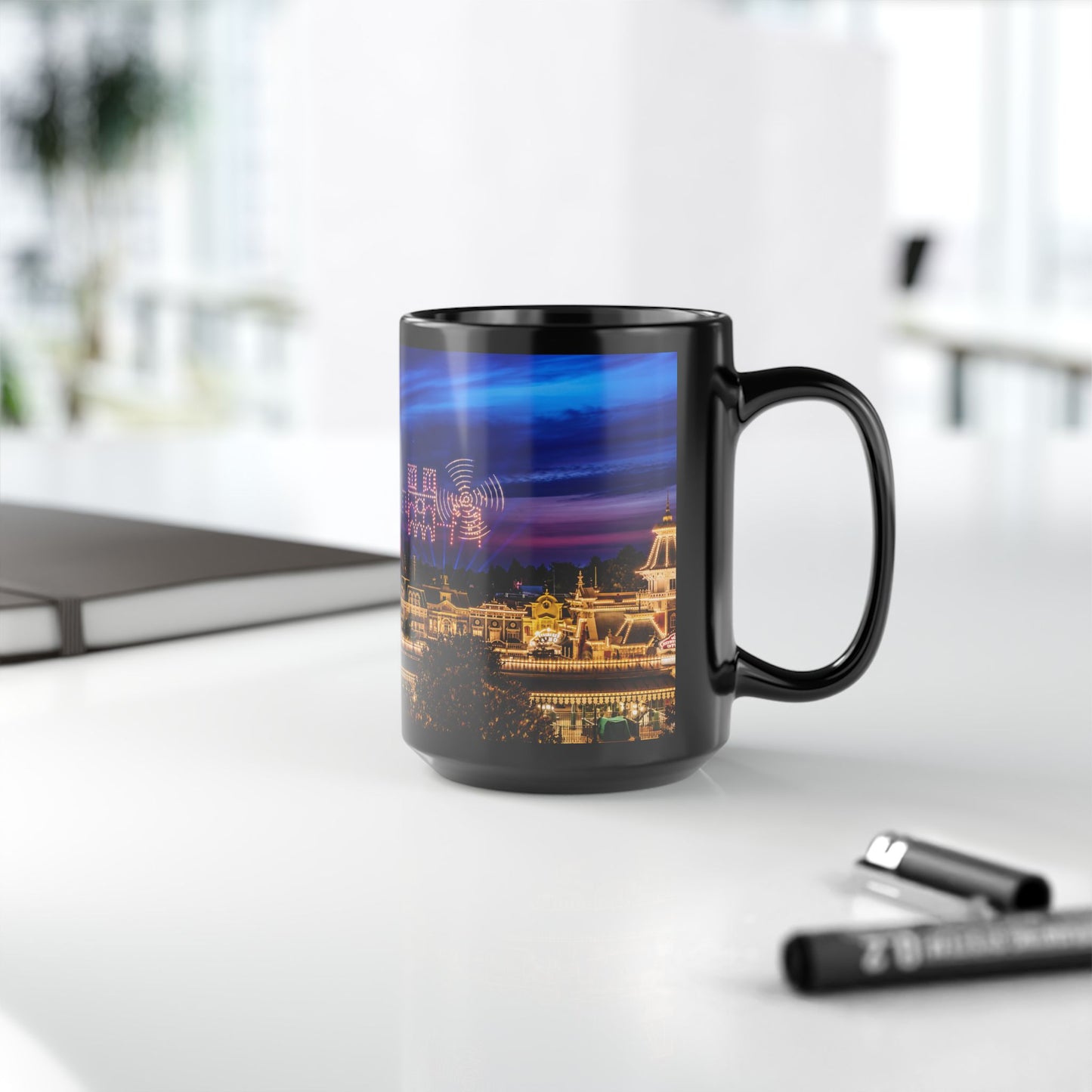 Disneyland Paris Park Nightscape Black Mug — Illuminated Main Street Skyline (11oz/15oz)