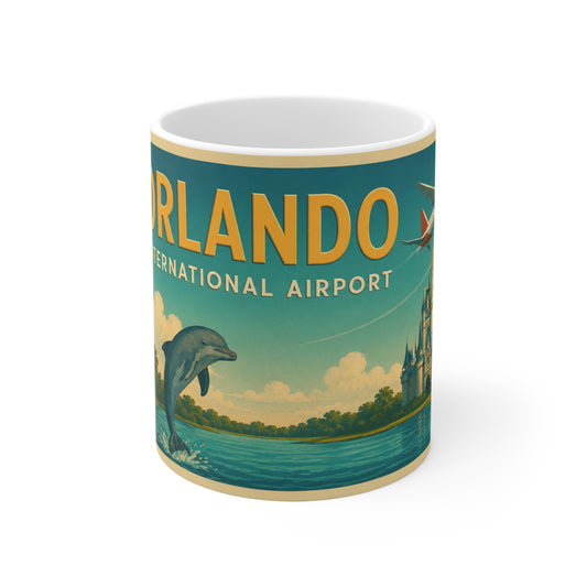 Orlando Vintage Travel Mug – 'Orlando International Airport' Retro Dolphin & Palm Coffee Cup (11oz, 15oz)