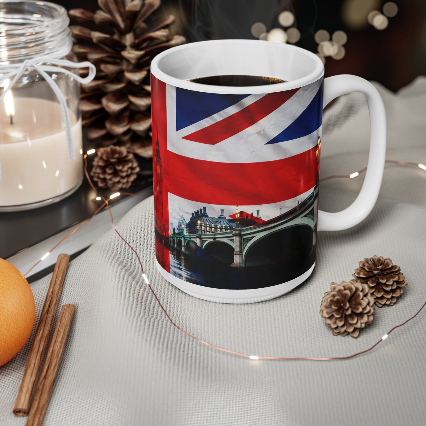 Union Jack London Mug — Ceramic Coffee Cup with Big Ben & Houses of Parliament (11oz, 15oz)