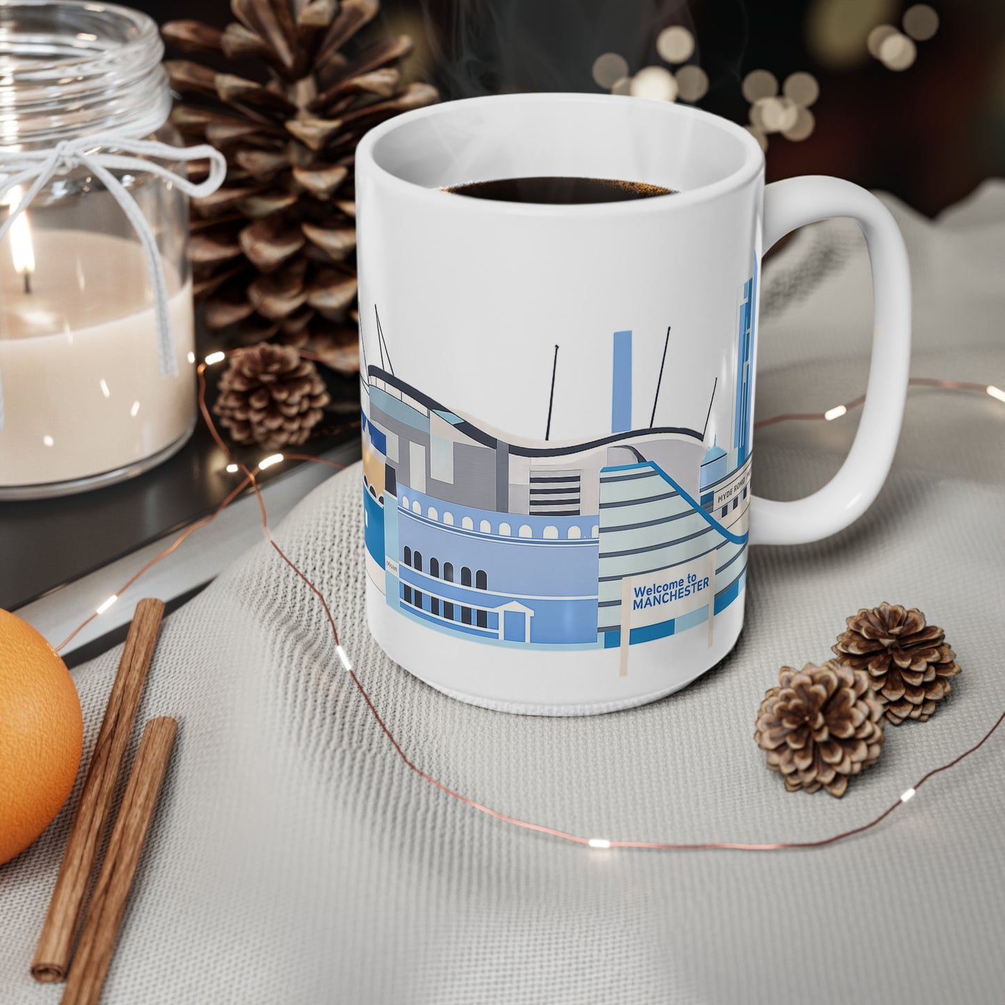 Manchester City Skyline Ceramic Coffee Mug — Blue Landmark Panorama, 11oz & 15oz