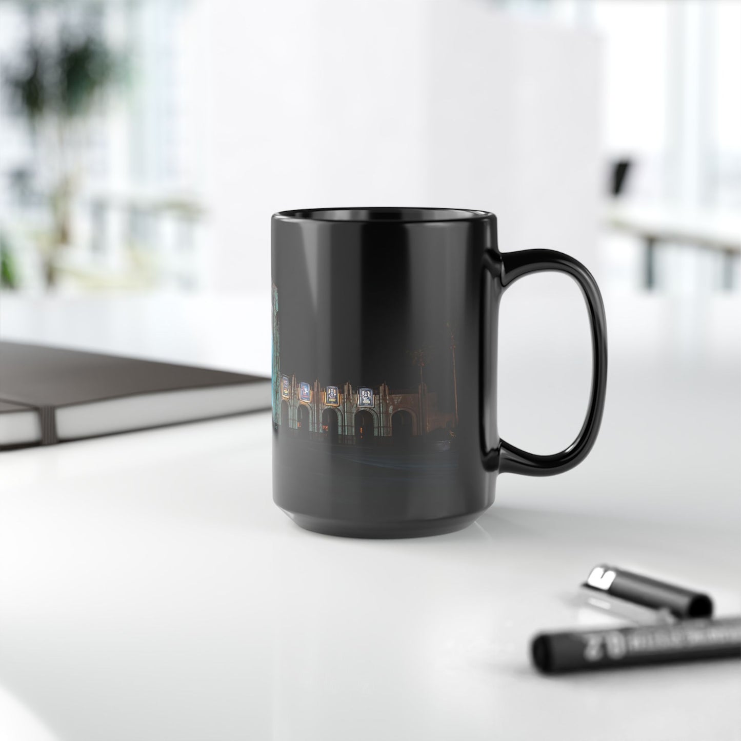 Universal HHN Black Ceramic Mug — Nighttime Theme Park Arch Photo (11oz & 15oz)