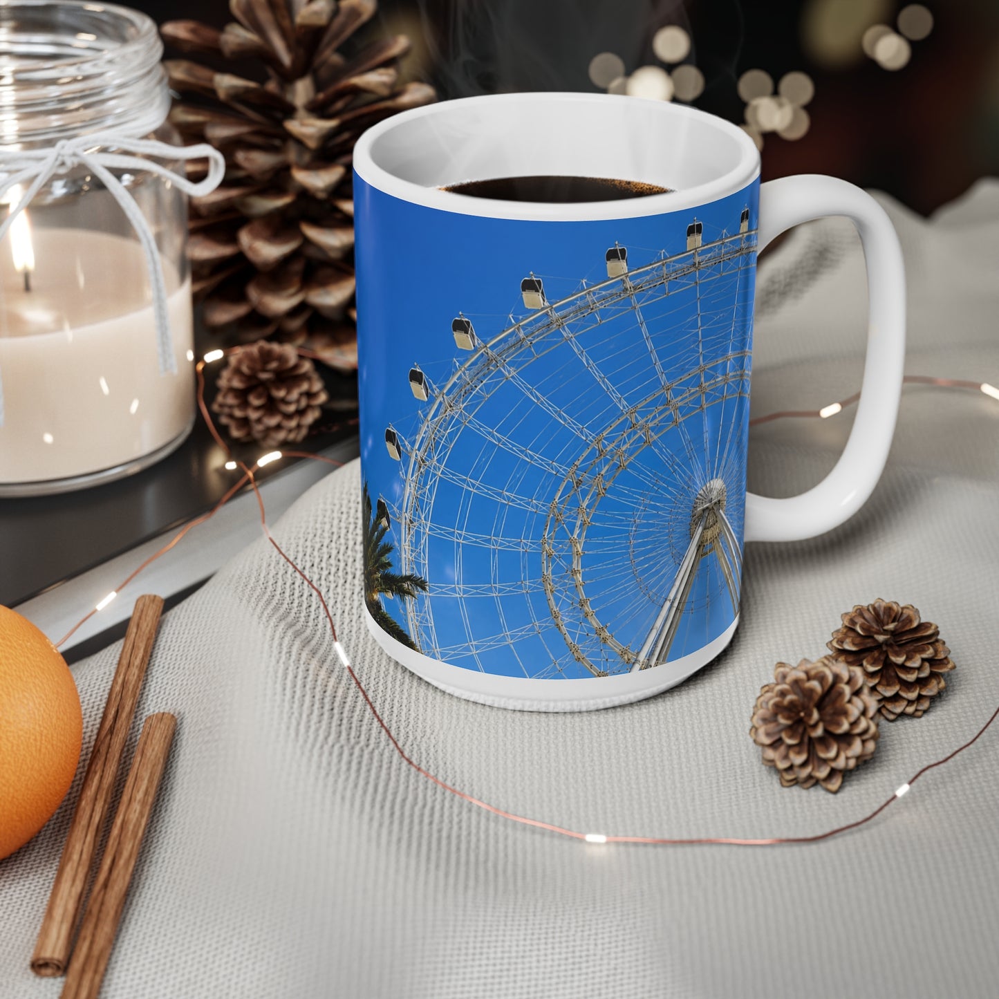 Orlando Icon Park Ferris Wheel & Palm Tree Ceramic Coffee Mug — Blue Sky Photo Mug (11oz, 15oz)