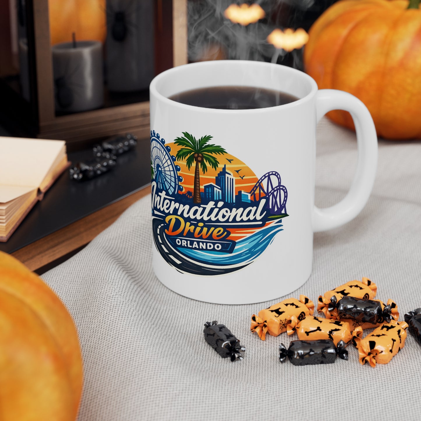 Orlando International Drive Souvenir Mug — 11oz/15oz Ceramic Coffee Cup with Ferris Wheel & Sunset Design