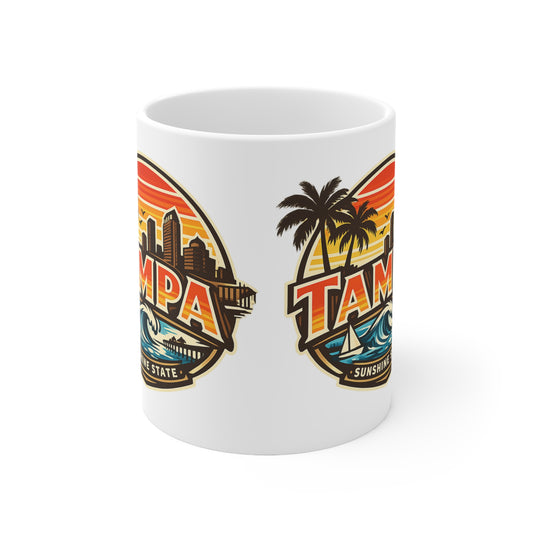 Tampa Retro Sunset Coffee Mug — Ceramic 11oz/15oz (Sunshine State Design)