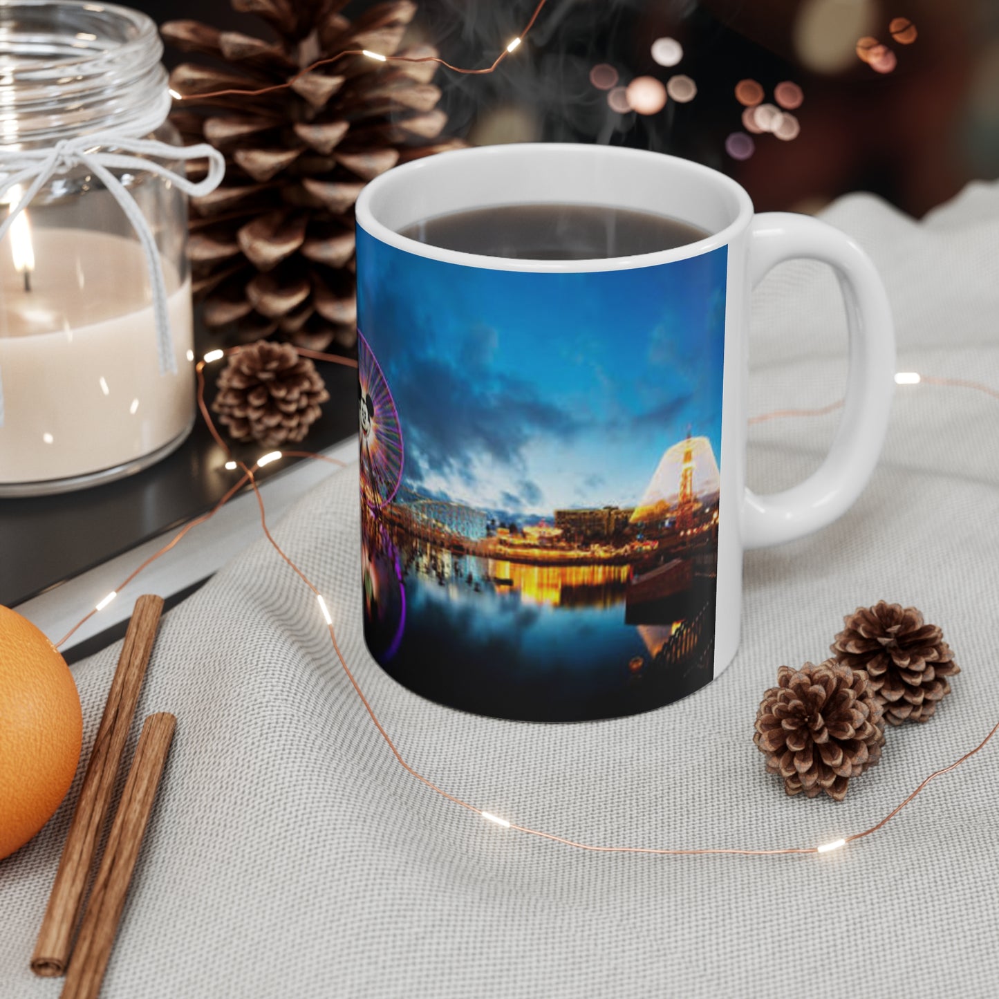 Disneyland Nighttime Theme Park Ferris Wheel Mug — Colorful Reflection Ceramic Coffee Cup (11oz/15oz)