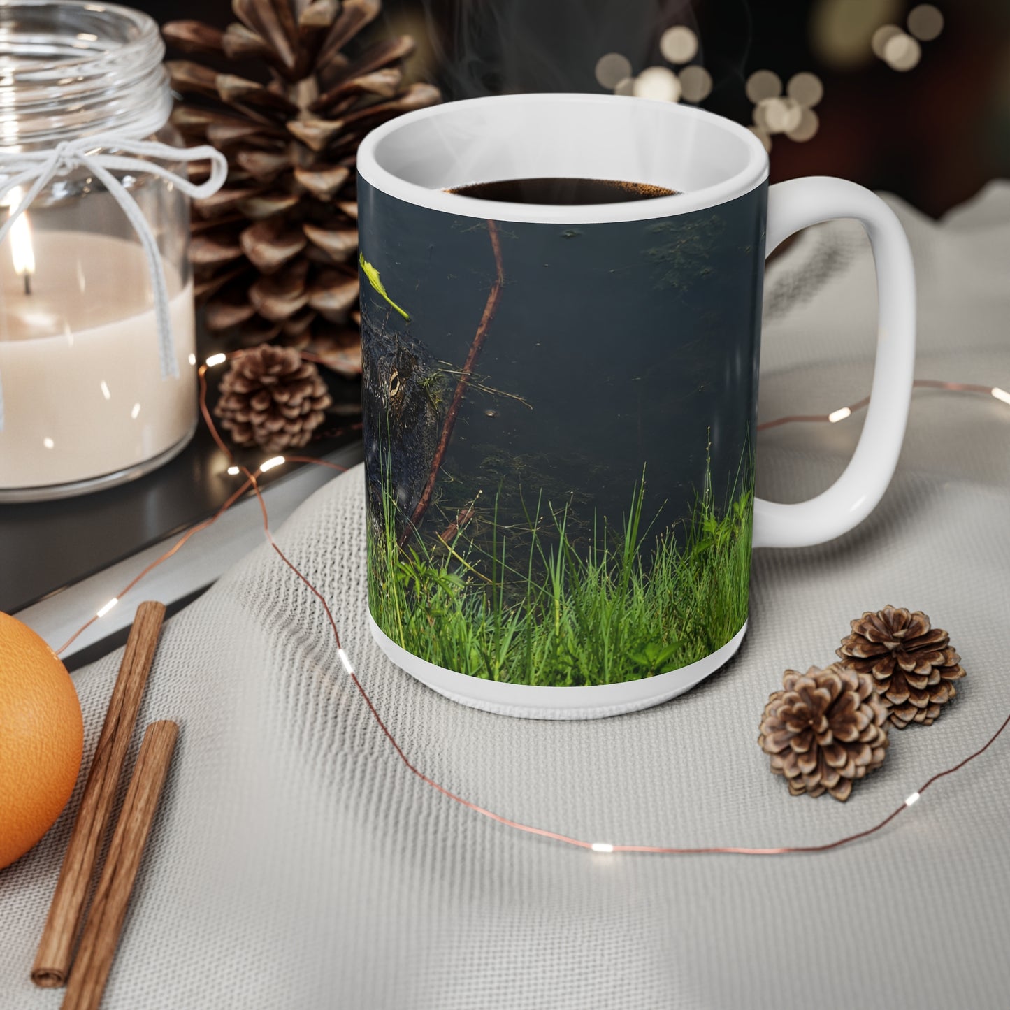 Florida Alligator Stare Ceramic Mug — 11oz & 15oz Coffee Cup with Wildlife Photography