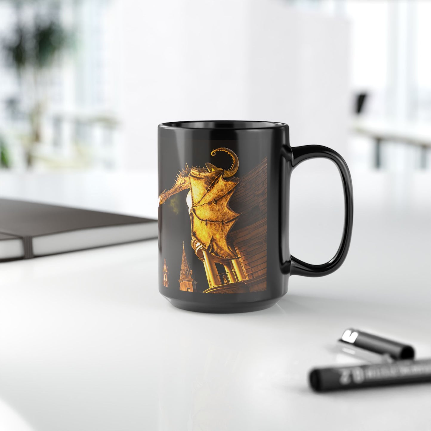Golden Dragon Fire-Breathing Black Mug — Fantasy Castle Coffee Cup