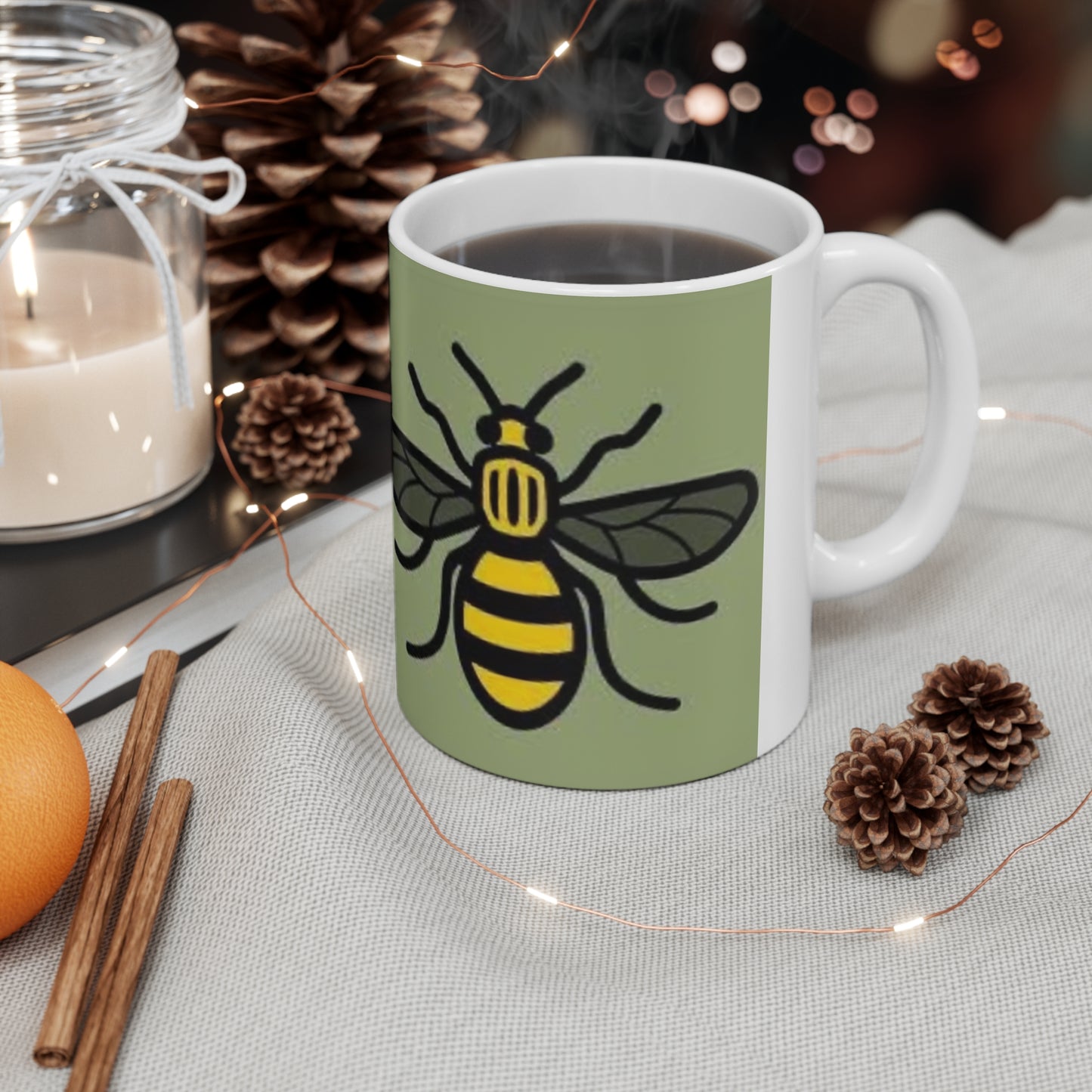 Manchester Bee Pattern Ceramic Mug — Green Bee Coffee Cup (11oz & 15oz)
