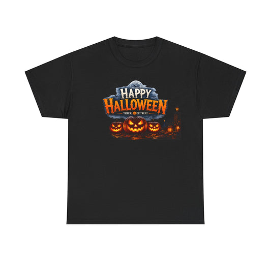Halloween Horror Movie Characters T-Shirt — "Happy Halloween" Pumpkin & Slasher Collage Tee