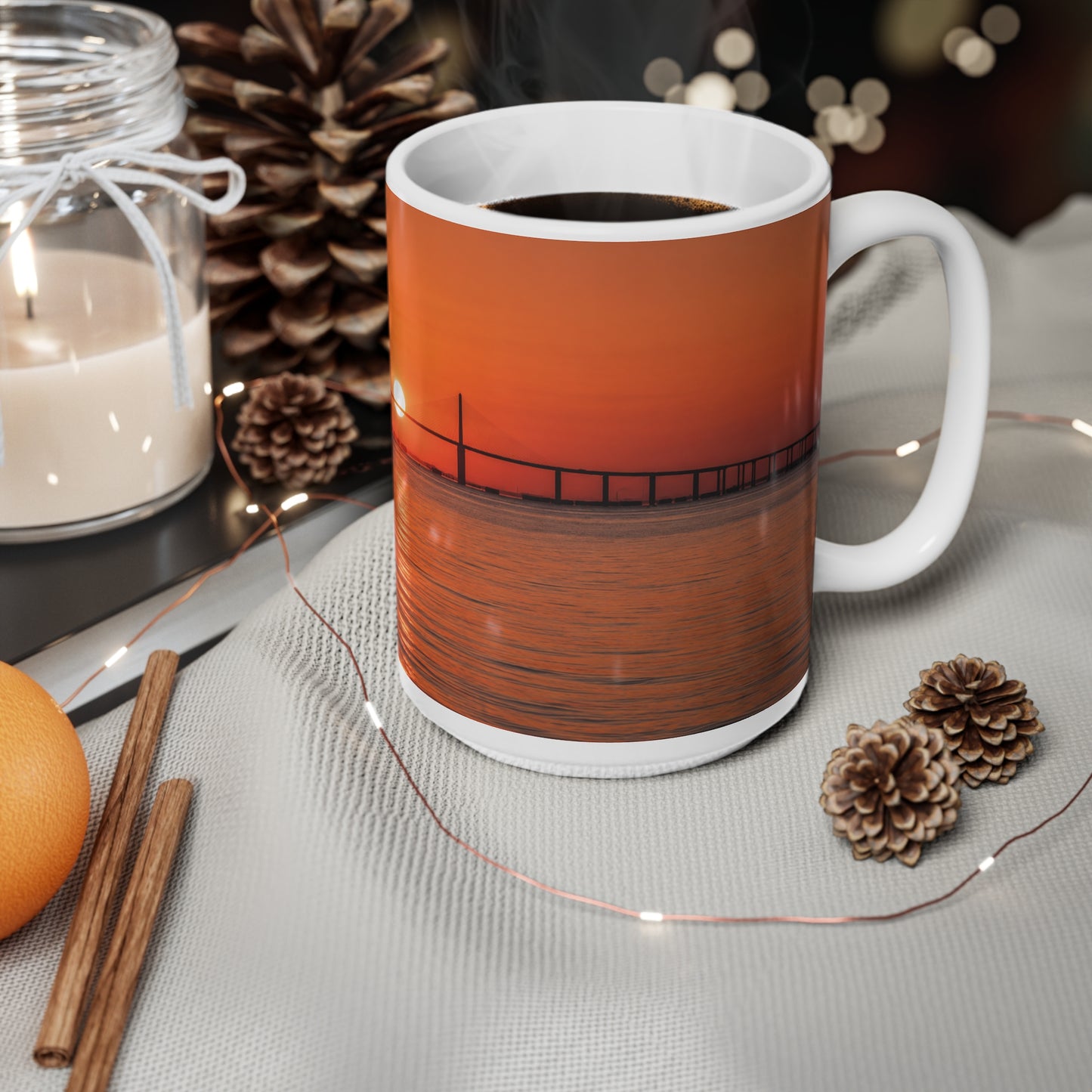 Skyway Sunset Bridge Ceramic Coffee Mug — Orange Seascape 11oz & 15oz