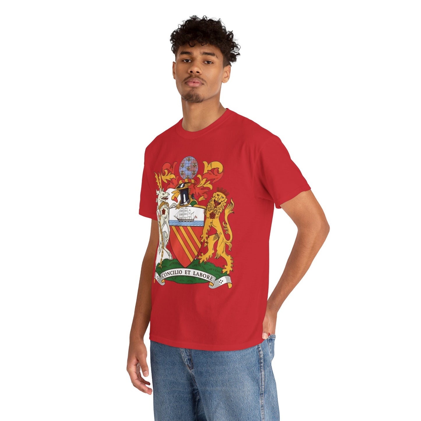 Manchester Coat of Arms Crest T‑Shirt — Heraldic Family Shield Tee with 'Concilio et Labore' Banner
