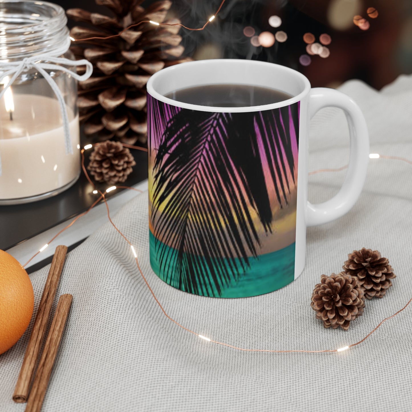Tropical Sunset Coffee Mug — Palm Tree Beach Sunrise Ceramic Mug (11oz & 15oz)