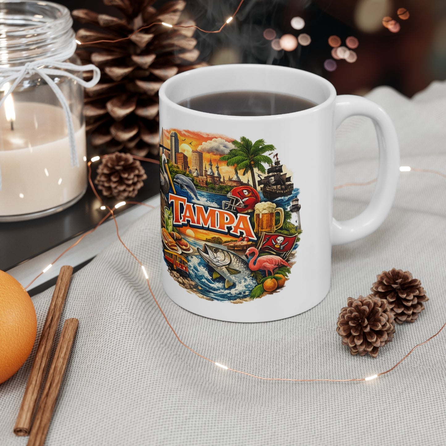 Tampa Cityscape Ceramic Coffee Mug — 11oz & 15oz Souvenir Mug with Skyline, Pelican & Tropical Icons