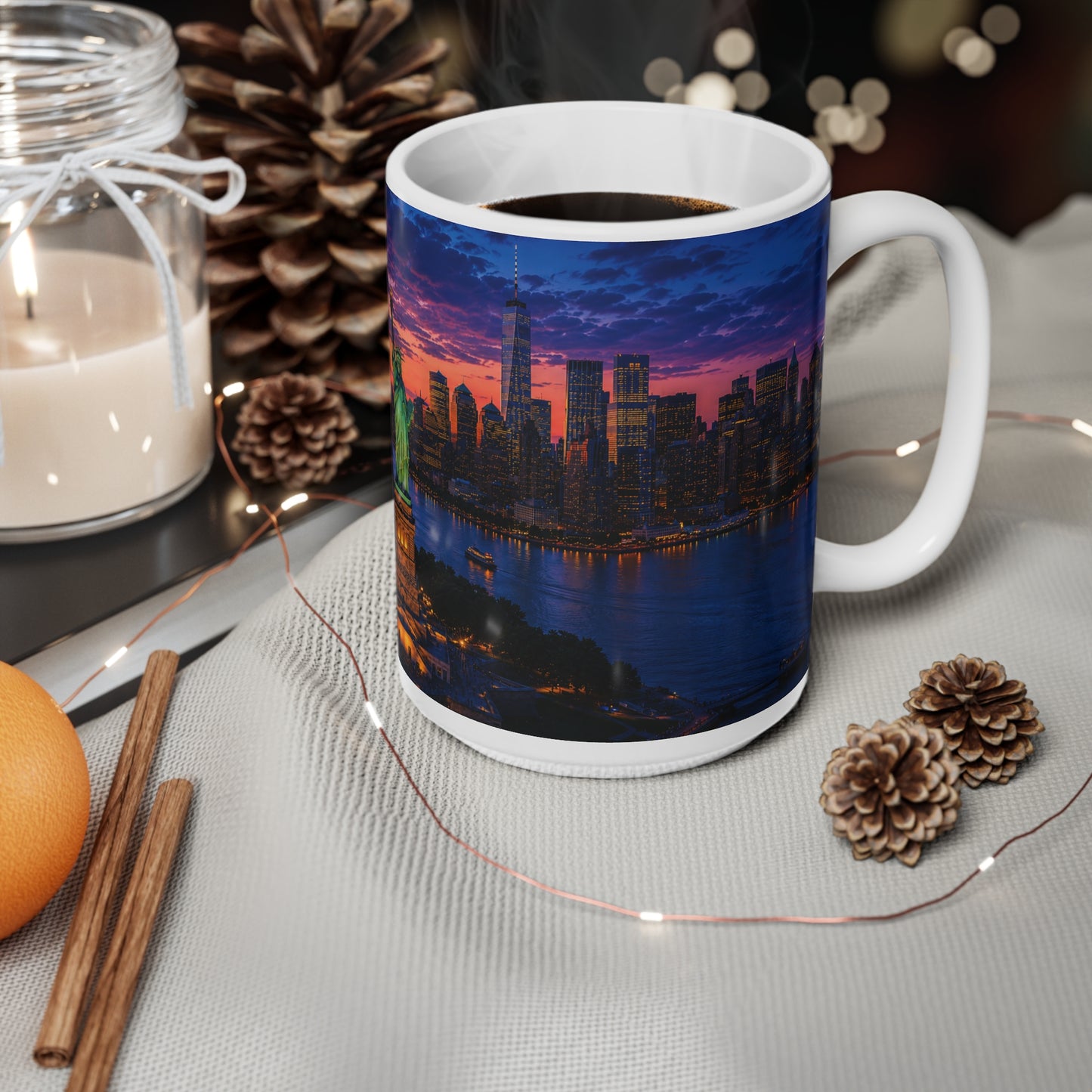 New York Sunset Ceramic Mug — Statue of Liberty Skyline 11oz & 15oz
