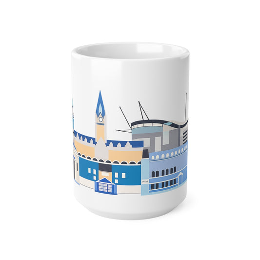 Manchester City Skyline Ceramic Coffee Mug — Blue Landmark Panorama, 11oz & 15oz
