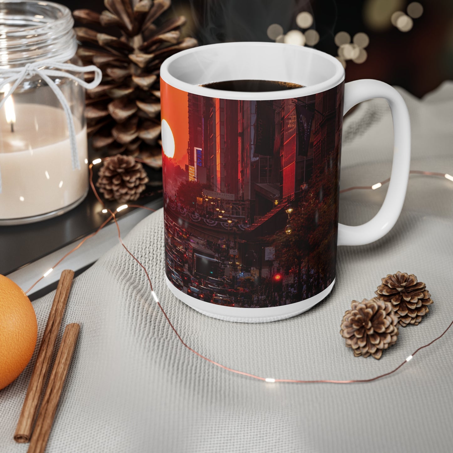 New York City Sunset Traffic Ceramic Coffee Mug — Urban Evening Skyline, 11oz & 15oz