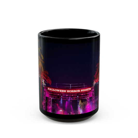 Halloween Horror Nights Black Mug — Neon Palm Nightscape (11oz/15oz)