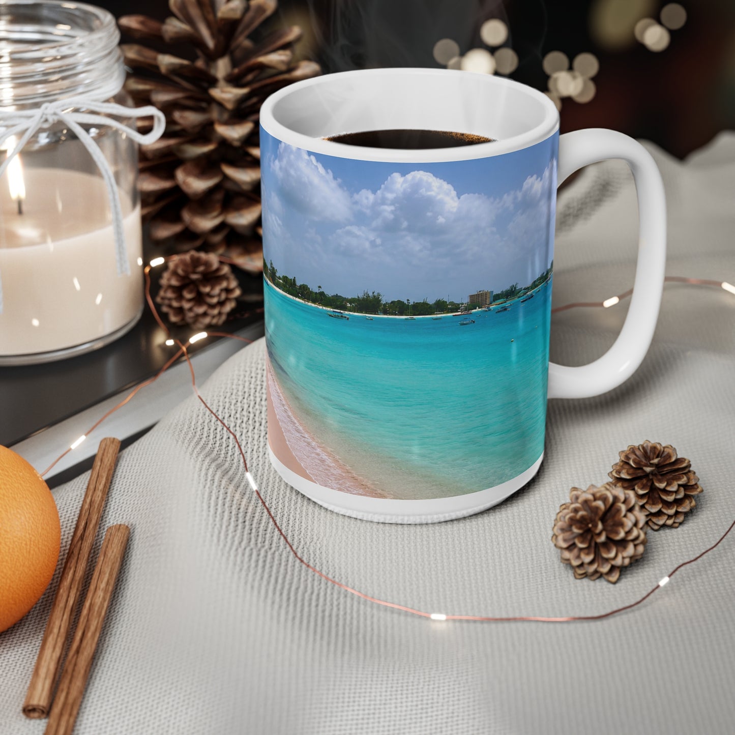 Barbados Beach Scene Coffee Mug — Tropical Pink Sand & Turquoise Water Ceramic Cup (11oz/15oz)