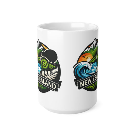New Zealand Scenic Badge Ceramic Mug — Kiwi, Fern & Ocean Coffee Cup (11oz/15oz)