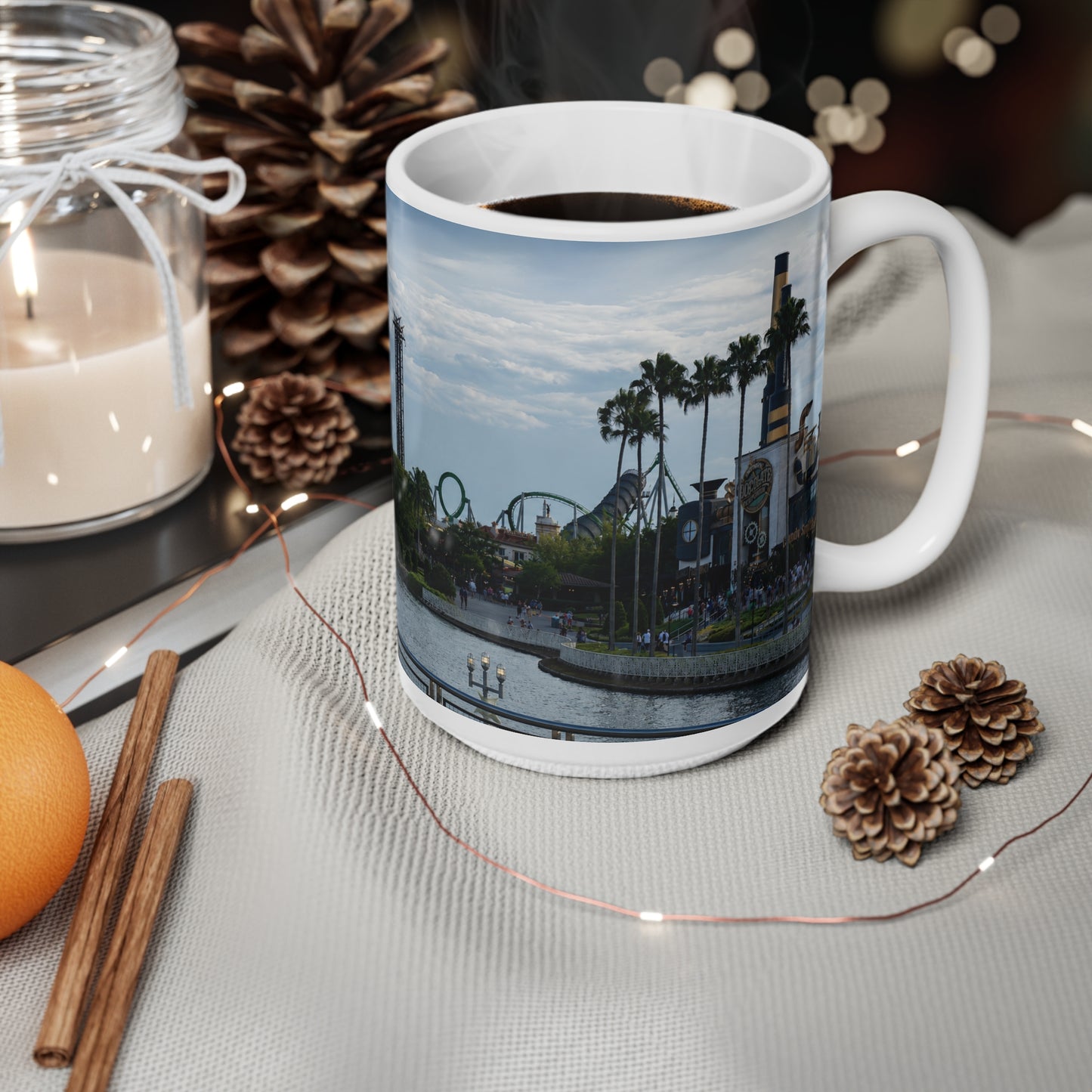 Universal IOA Theme Park Skyline Ceramic Mug — Roller Coaster Harbor Photo (11oz & 15oz)
