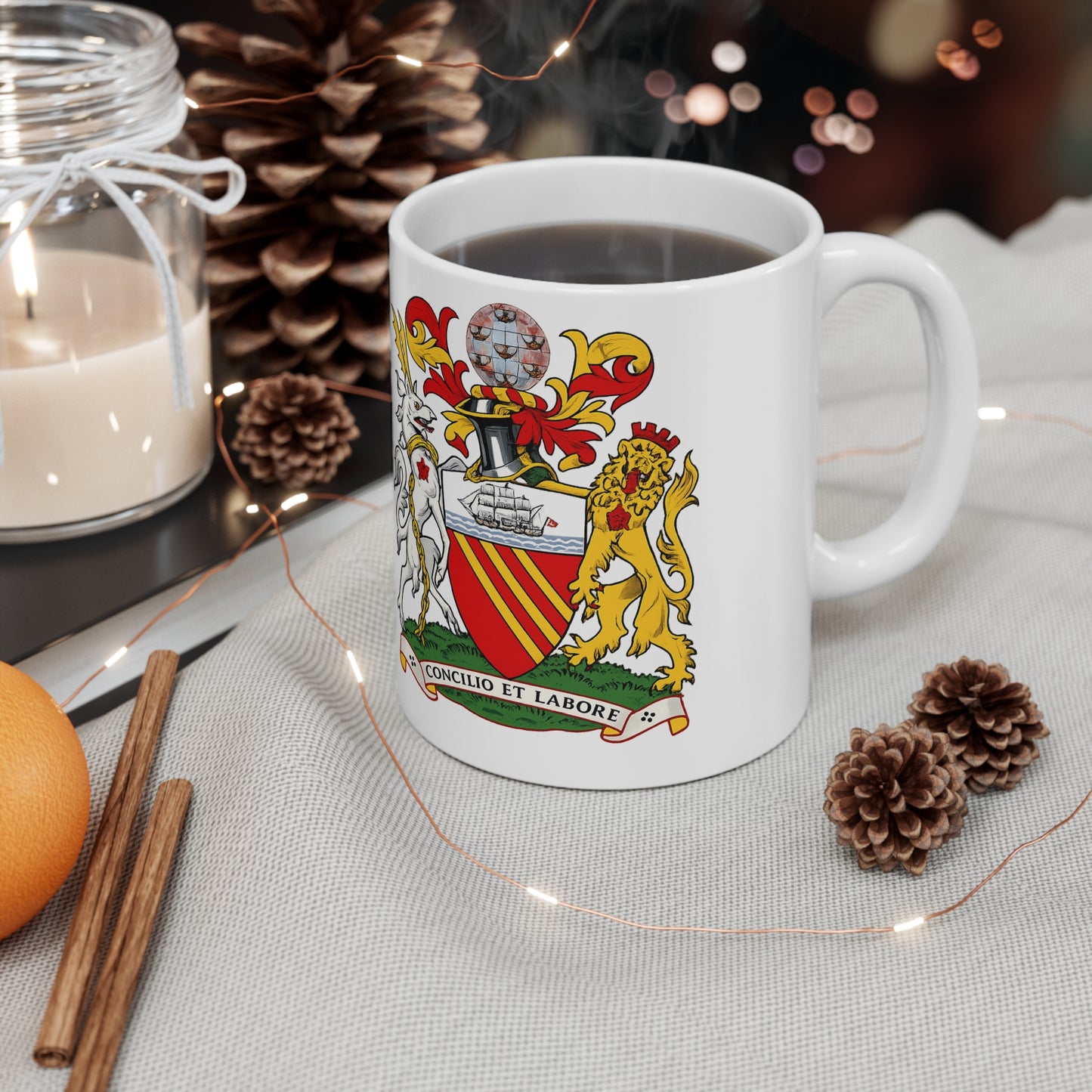 Manchester Coat of Arms Ceramic Coffee Mug — 11oz & 15oz Crest Mug ("Concilio et Labore")