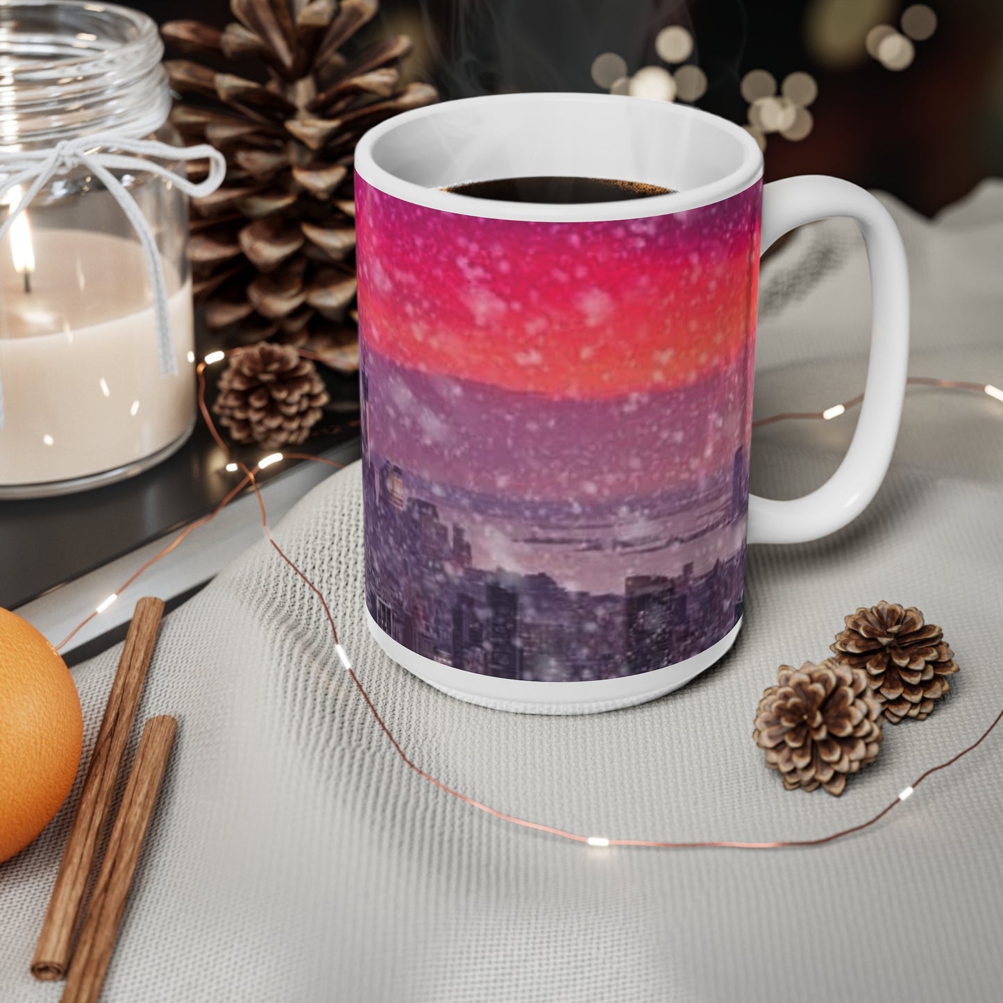 New York City Skyline Mug — Pink Sunset Snowfall Ceramic Coffee Cup (11oz & 15oz)