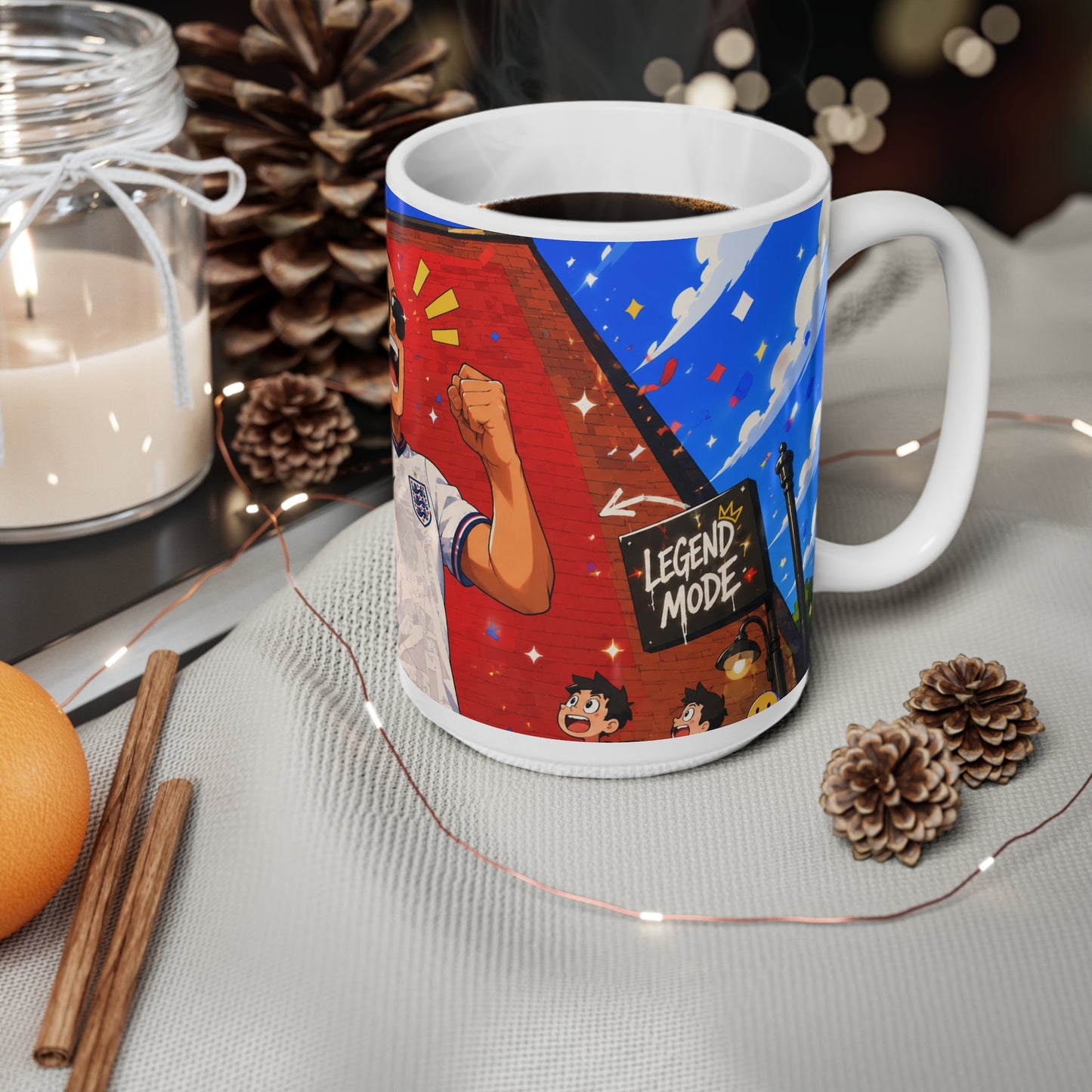 England Football Fan Mug — Celebratory Soccer Player Illustration, Ceramic 11oz & 15oz