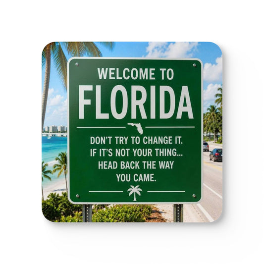 Florida Welcome Sign Corkwood Coaster Set – 'Welcome to Florida' Beach Road Drink Coasters