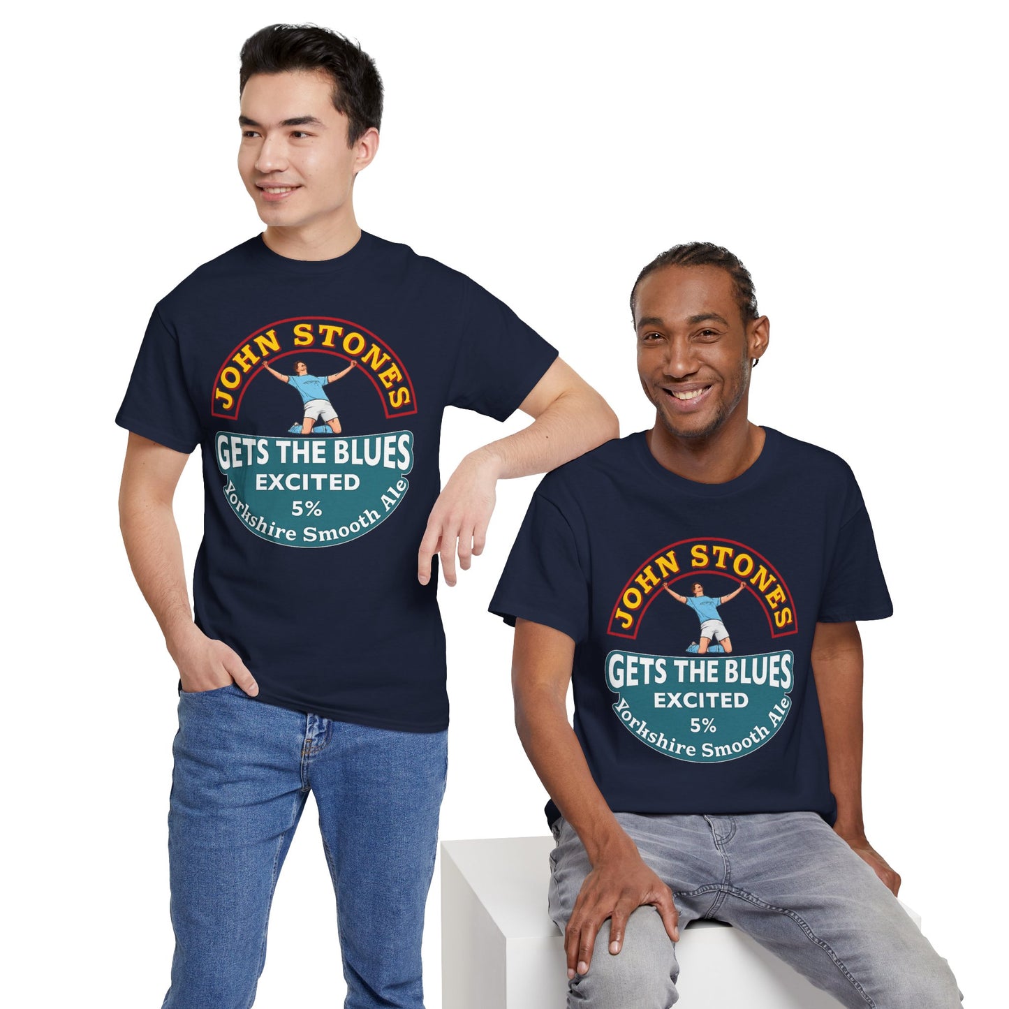 John Stones T-Shirt — "Gets The Blues Excited" Retro Ale Parody Tee