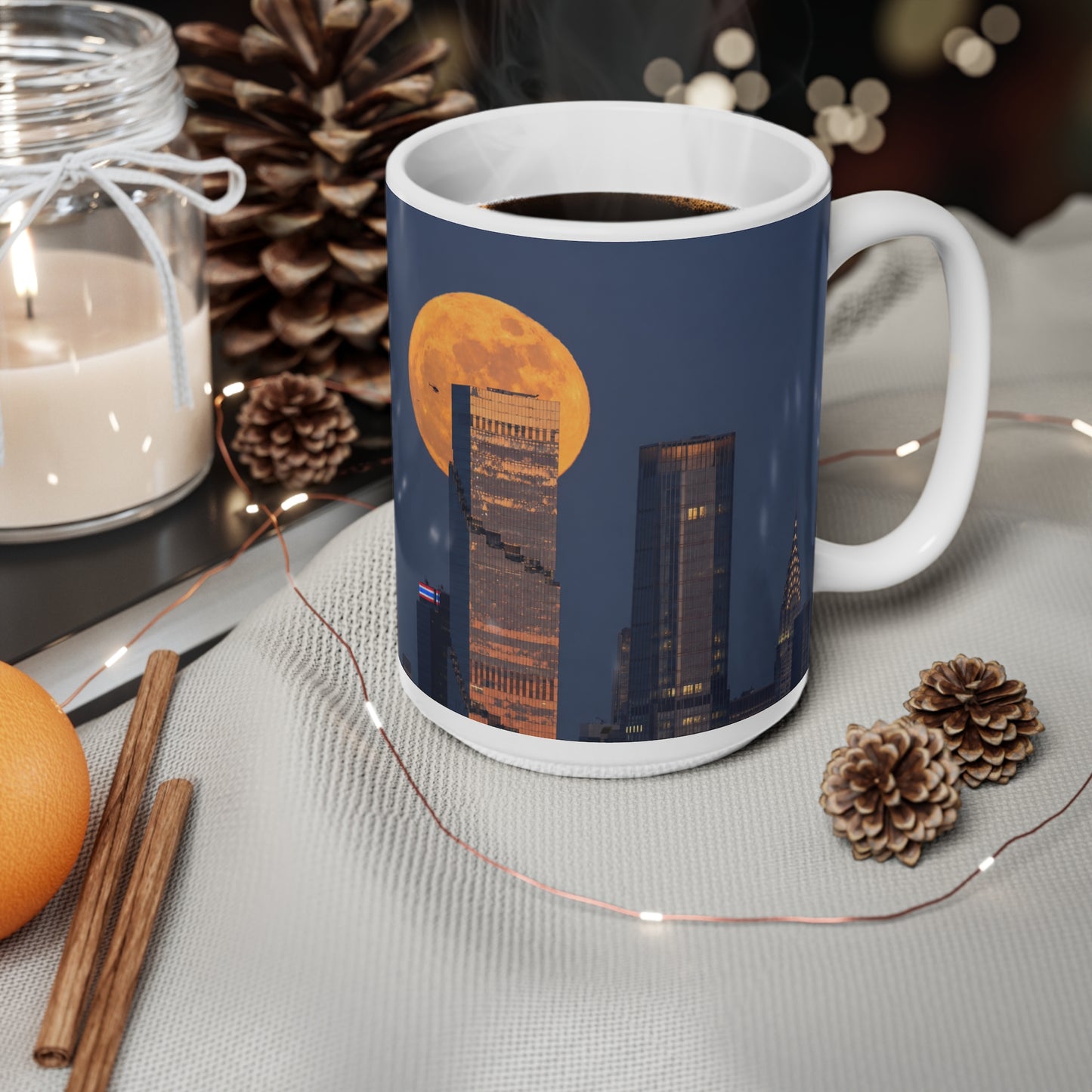 New York City Skyline Mug with Full Moon – NYC Nightscape Ceramic Coffee Cup (11oz, 15oz)