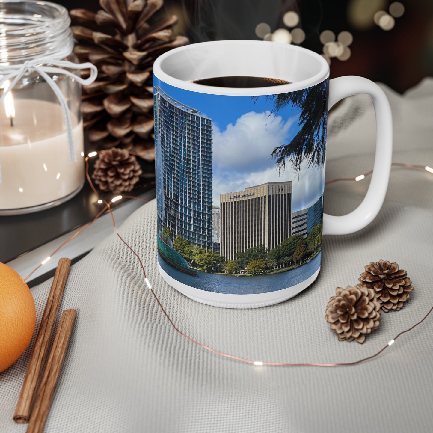 Lake Eola City Waterfront Photo Mug — Scenic Harbor Skyline Ceramic Coffee Cup (11oz & 15oz)