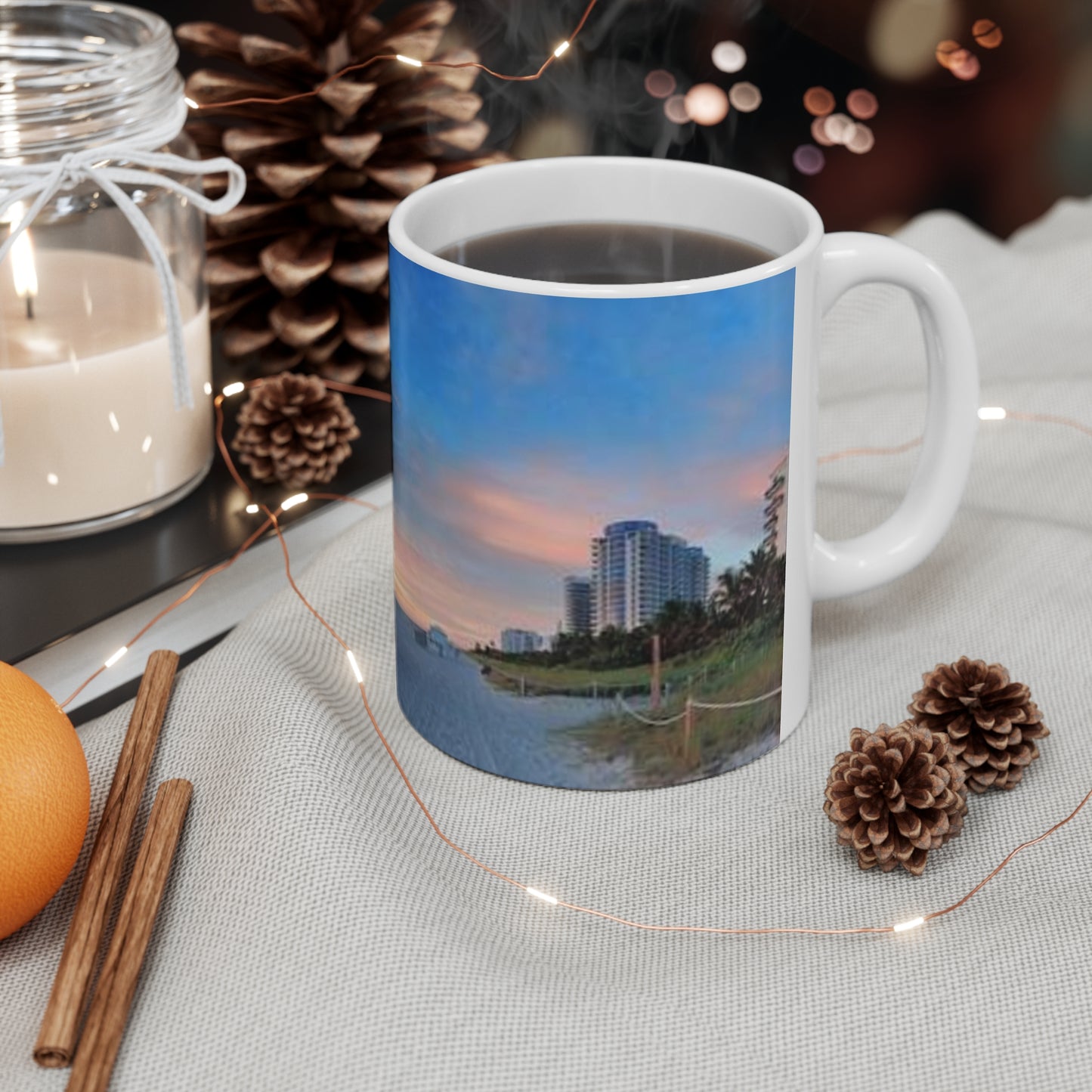Sunset Beach Lifeguard Tower Ceramic Mug – Coastal Sunrise Coffee Cup (11oz/15oz)