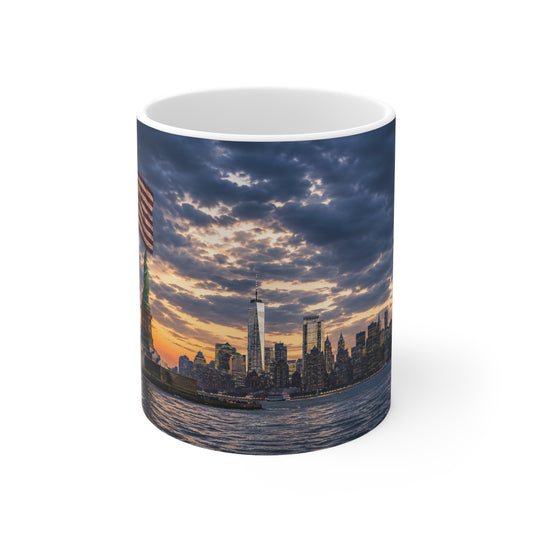 Statue of Liberty Sunset Mug — NYC Skyline Coffee Cup with American Flag (11oz & 15oz)