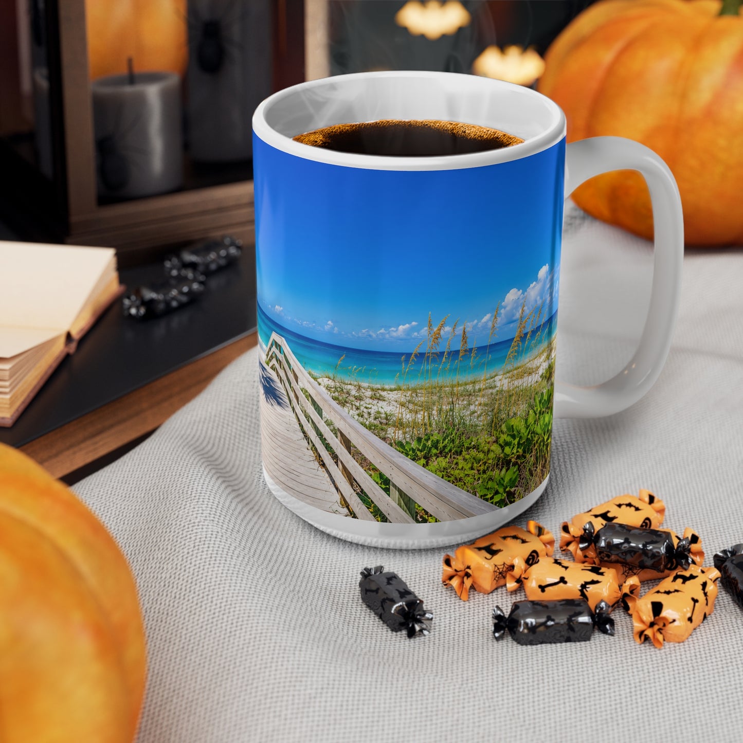Indian Rocks Beach Boardwalk Coffee Mug — Tropical Palm Sunrise Ceramic Mug (11oz & 15oz)
