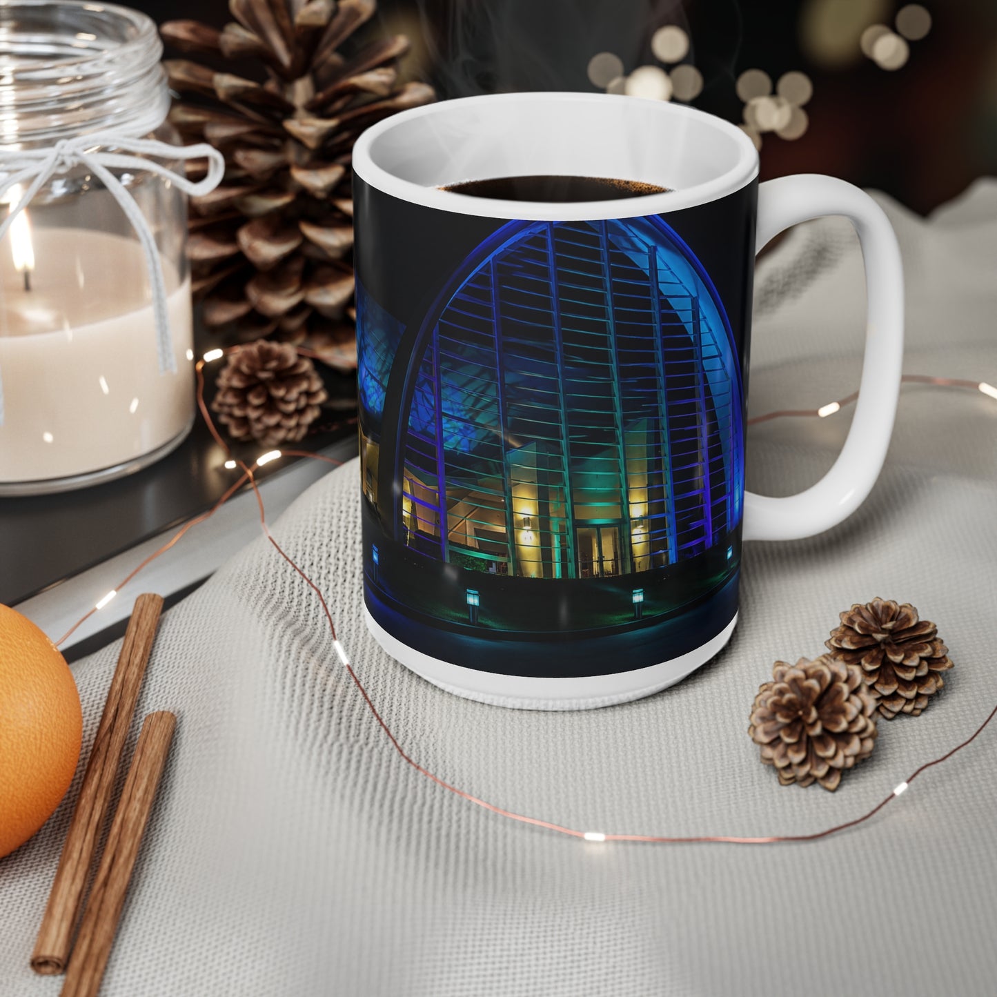 Nightlight Cityscape Mug — Neon Building Photo Ceramic Coffee Cup (11oz, 15oz)
