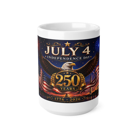 July 4th Independence Day America 250 Years Coffee Mug — Patriotic Eagle & Flags (11oz/15oz)